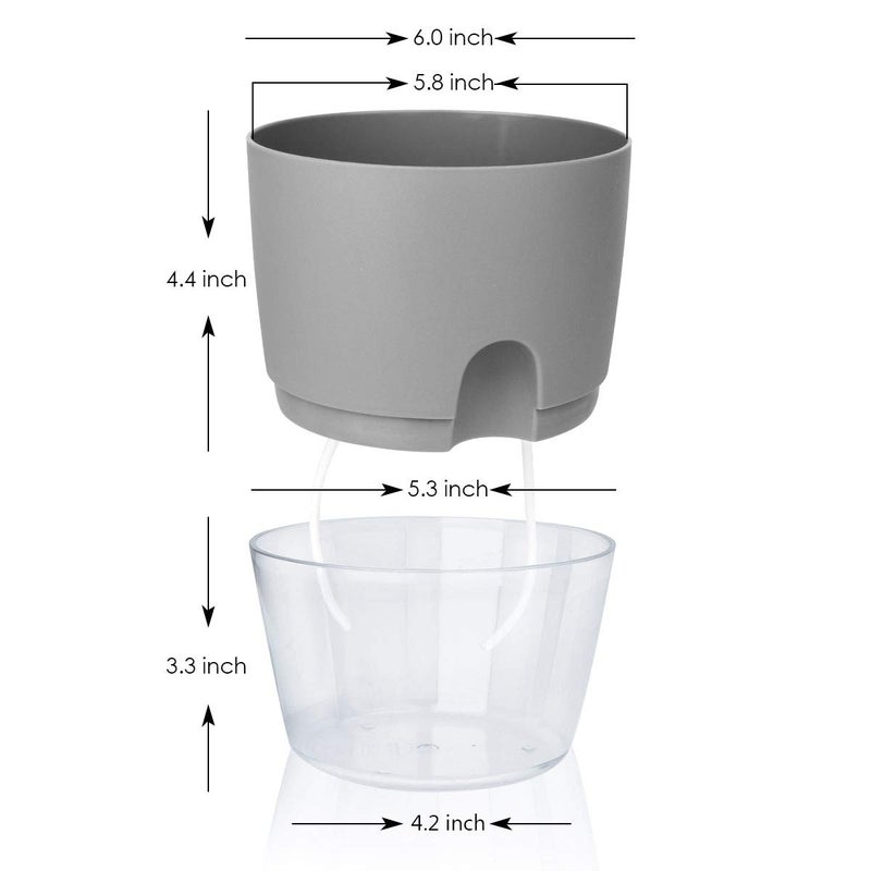 Vanavazon 6 Inch Self Watering Planter Pots for Indoor Plants, 3 Pack African Violet Pots with Wick Rope-Grey - Image 3